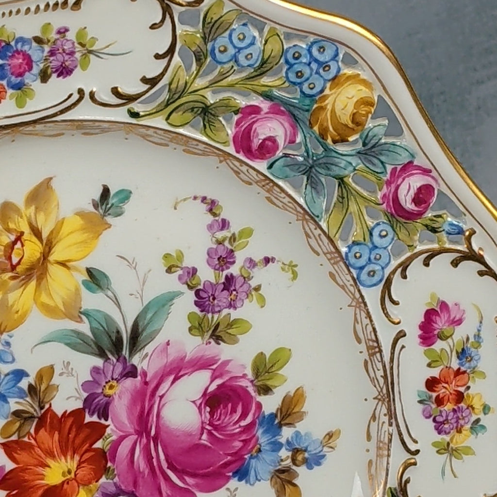Antique Dresden Germany 10.5” Hand Painted Floral Cabinet Plate Gold Gilt13