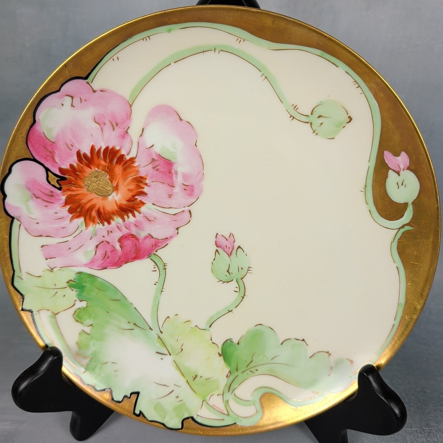 Antique Limoges Coronet France Hand Painted Pink Poppy Plate Signed Lamour 6