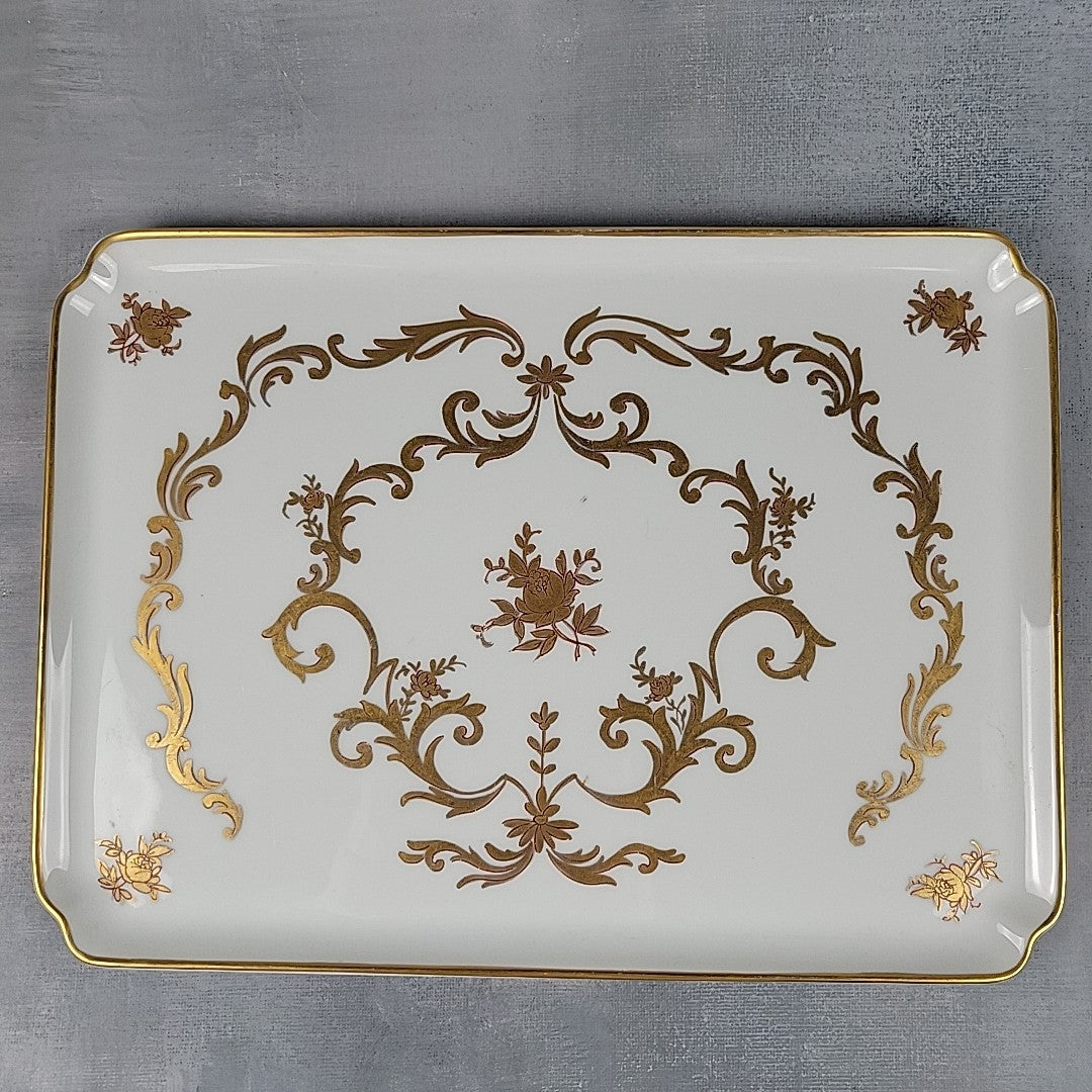 Limoges France Porcelain Vanity Tray White with Gold Gilt Floral Scroll3