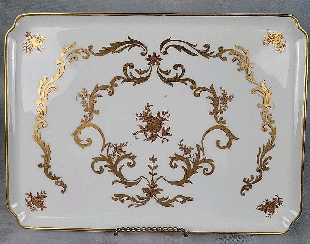 Limoges France Porcelain Vanity Tray White with Gold Gilt Floral Scroll0