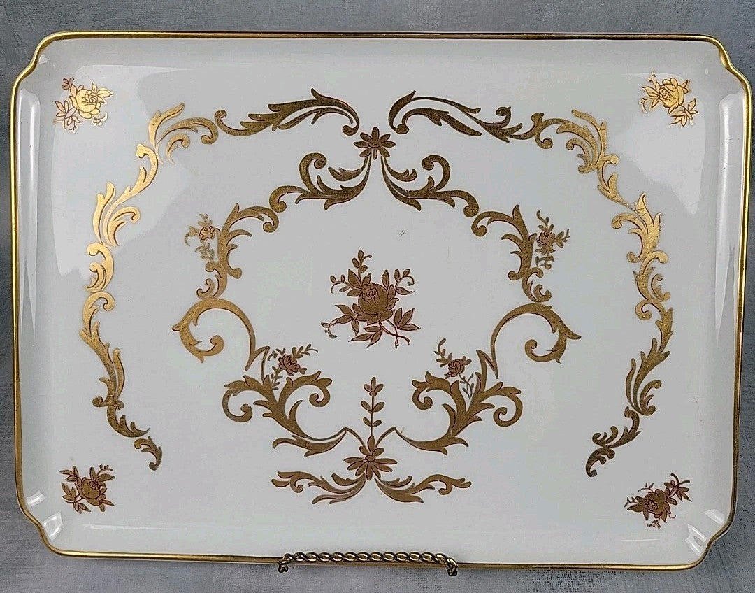 Limoges France Porcelain Vanity Tray White with Gold Gilt Floral Scroll0
