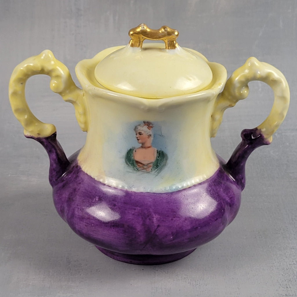 Antique Limoges NVC Portrait Sugar Bowl Jonquil Yellow & Purple Art Nouveau2