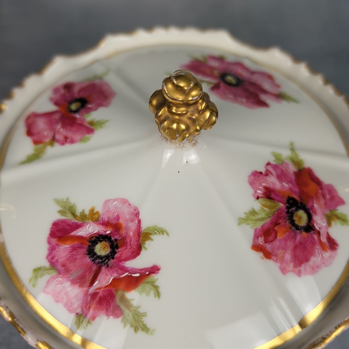 JP France Limoges Antique Poppies Porcelain Hand Painted Biscuit Cracker Jar 10