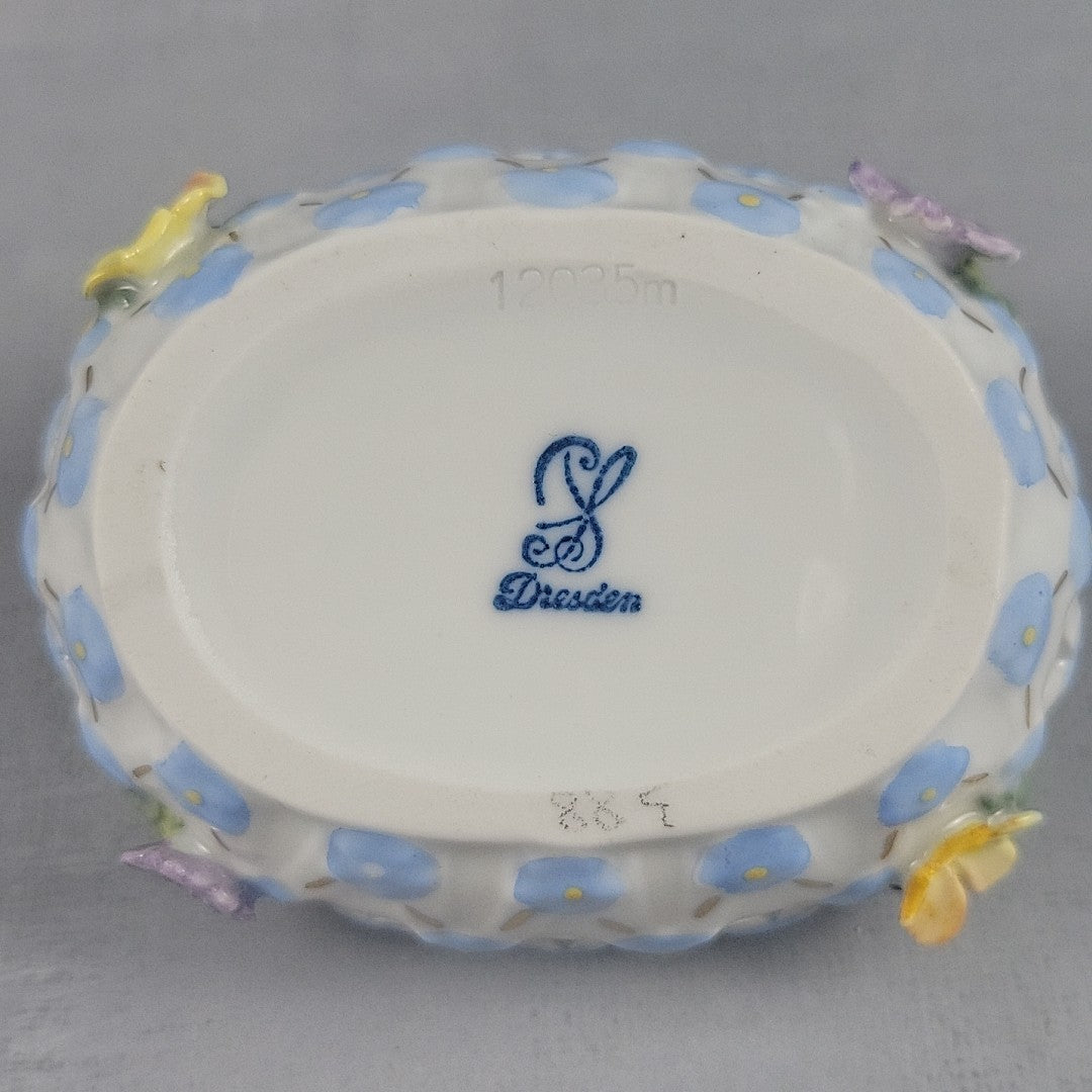 Dresden Germany Reticulated Porcelain Basket Forget Me Not Flowers & Vine Handle14