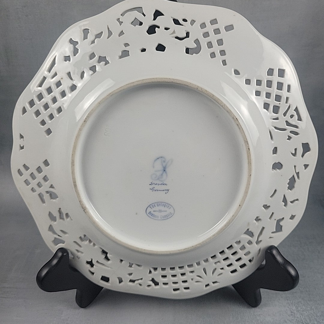 Carl Thieme Style Dresden Reticulated Plate Raised Enamel Floral Gold Trim 9"15