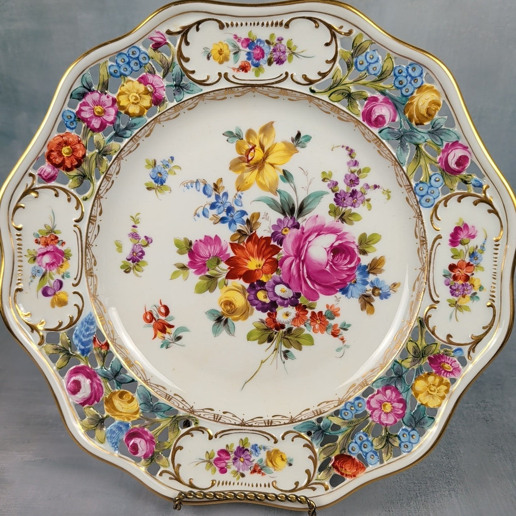 Antique Dresden Germany 10.5” Hand Painted Floral Cabinet Plate Gold Gilt9