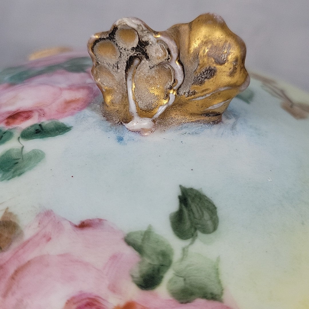 Antique GDA Limoges Footed Powder Jar Roses Gilt Handles Vanity Box c190014