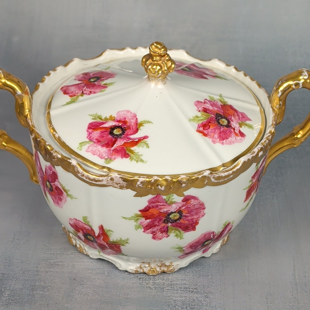 JP France Limoges Antique Poppies Porcelain Hand Painted Biscuit Cracker Jar 21