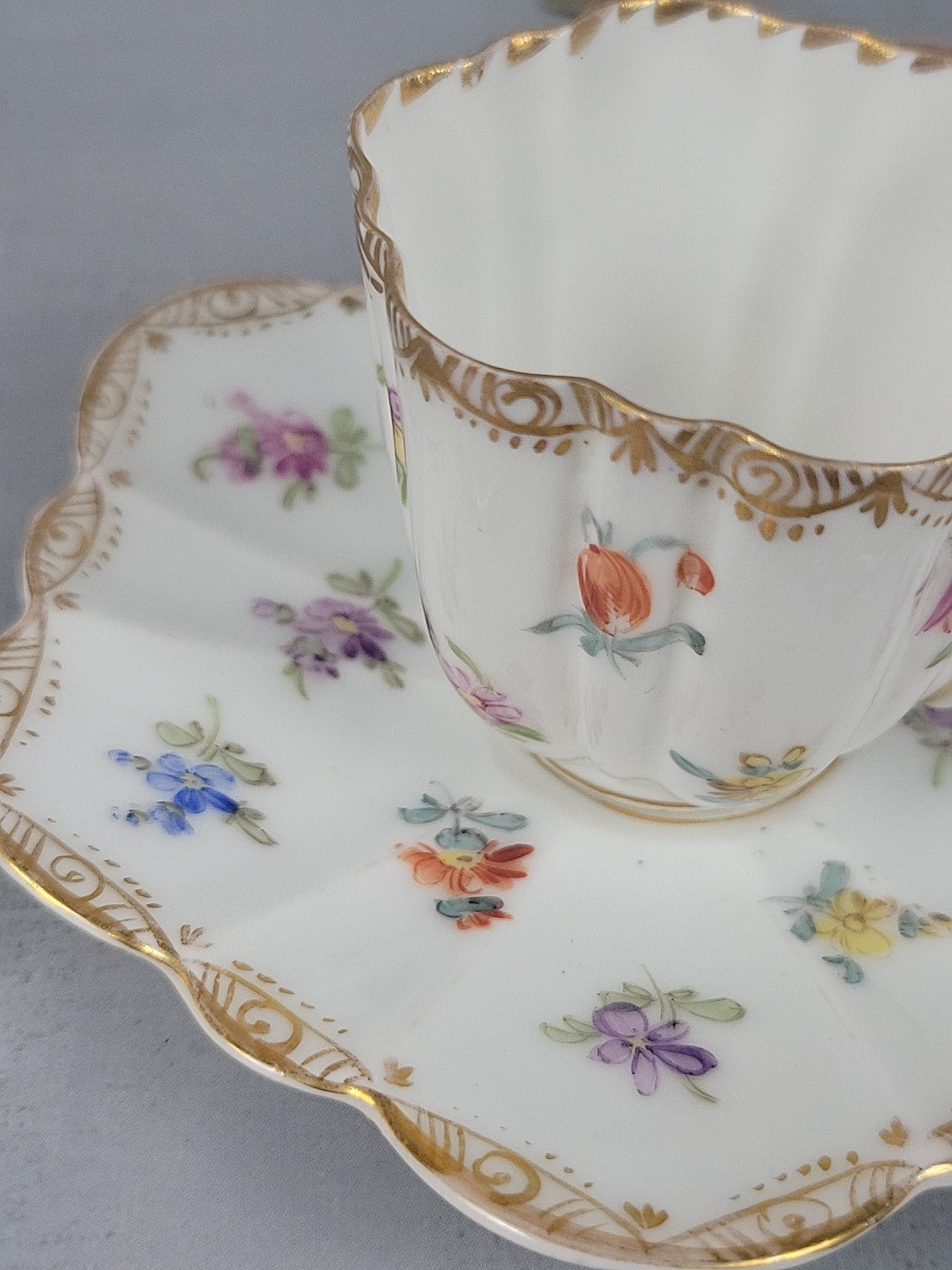 Antique Dresden Tea Cup & Saucer Hand Painted Floral Gilt Scalloped Mold8
