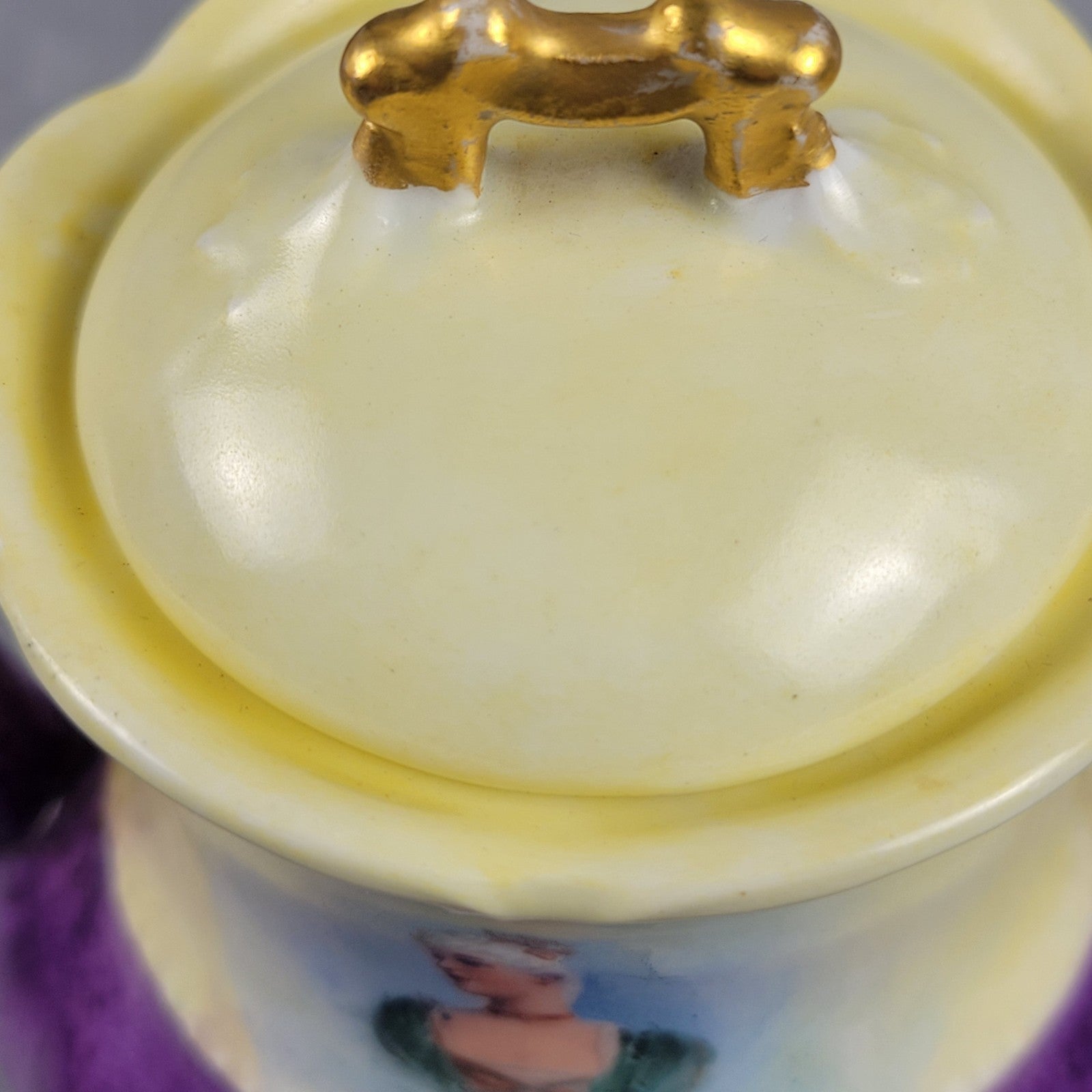 Antique Limoges NVC Portrait Sugar Bowl Jonquil Yellow & Purple Art Nouveau11