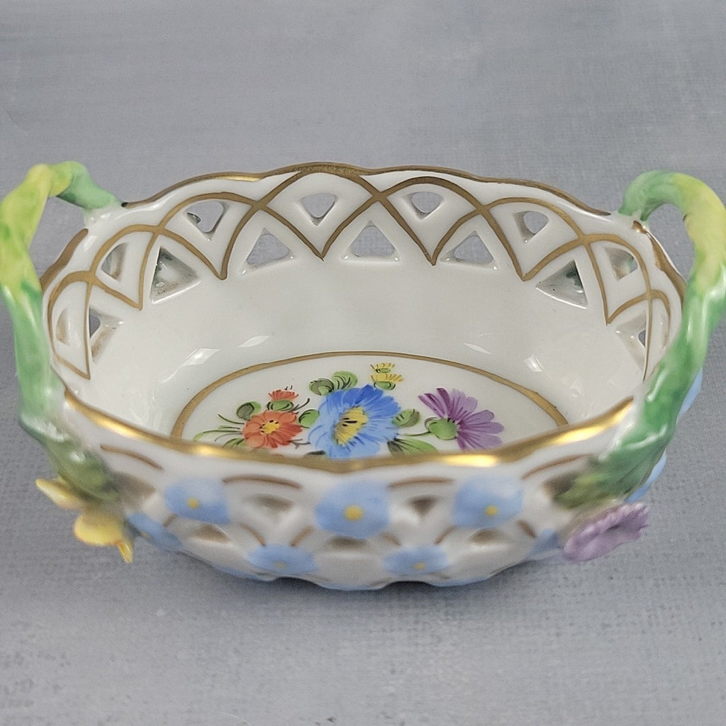 Dresden Germany Reticulated Porcelain Basket Forget Me Not Flowers & Vine Handle4