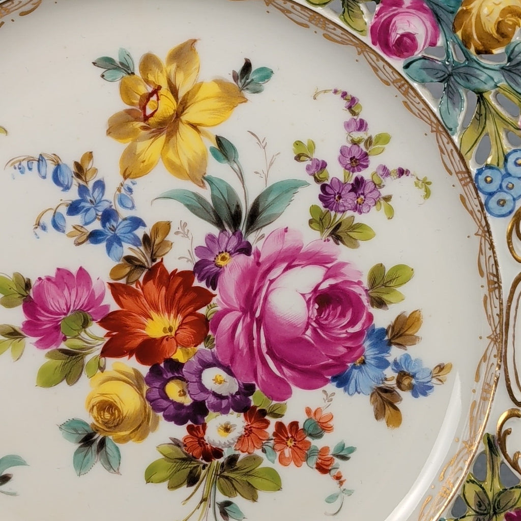Antique Dresden Germany 10.5” Hand Painted Floral Cabinet Plate Gold Gilt10