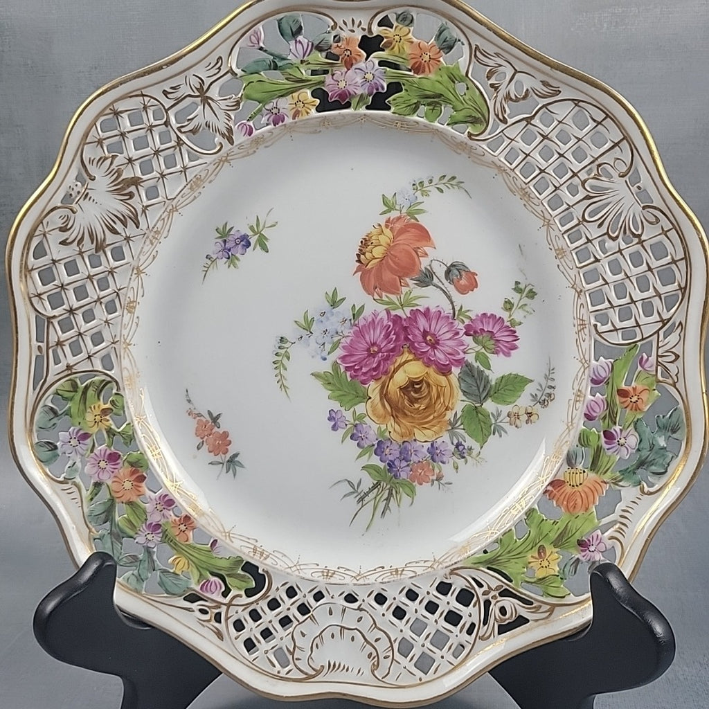 Carl Thieme Style Dresden Reticulated Plate Raised Enamel Floral Gold Trim 9"1