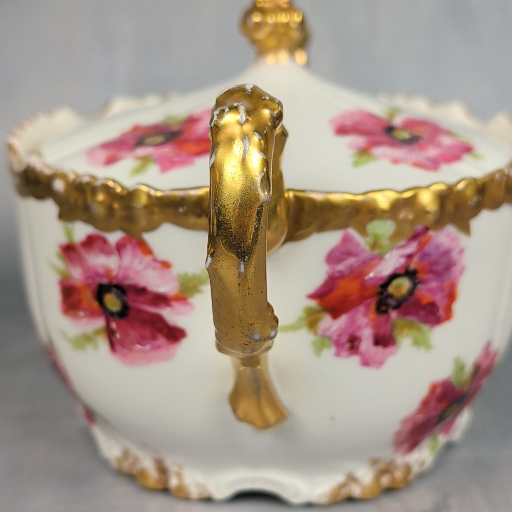 JP France Limoges Antique Poppies Porcelain Hand Painted Biscuit Cracker Jar 12