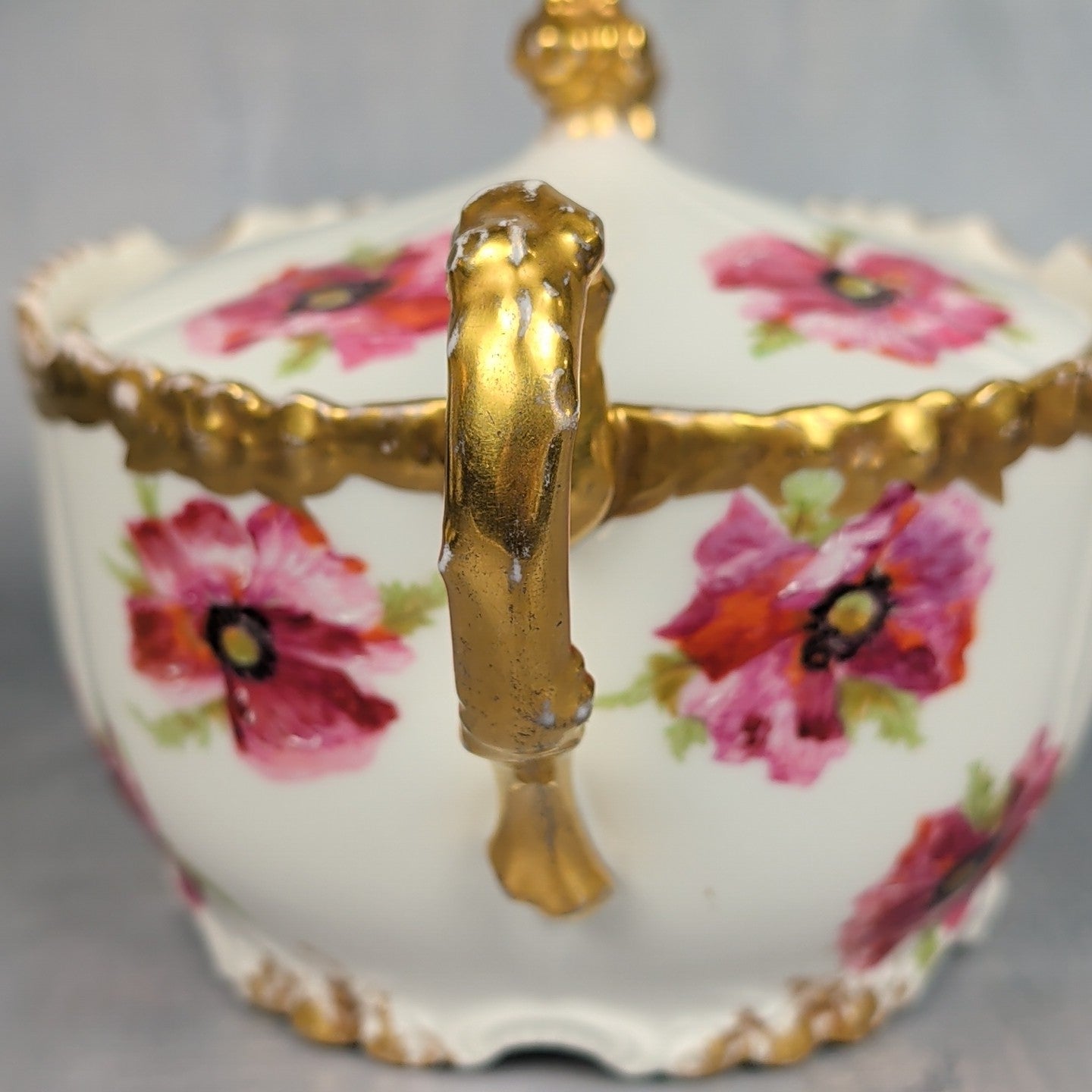 JP France Limoges Antique Poppies Porcelain Hand Painted Biscuit Cracker Jar 12