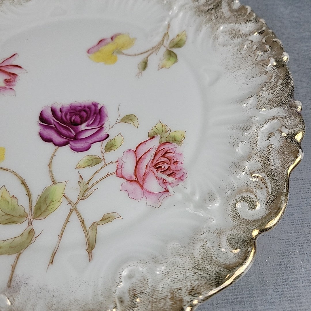 Antique Dresden Germany Hand Painted Rose Plates Gold Gilt Rococo Pair 8”8