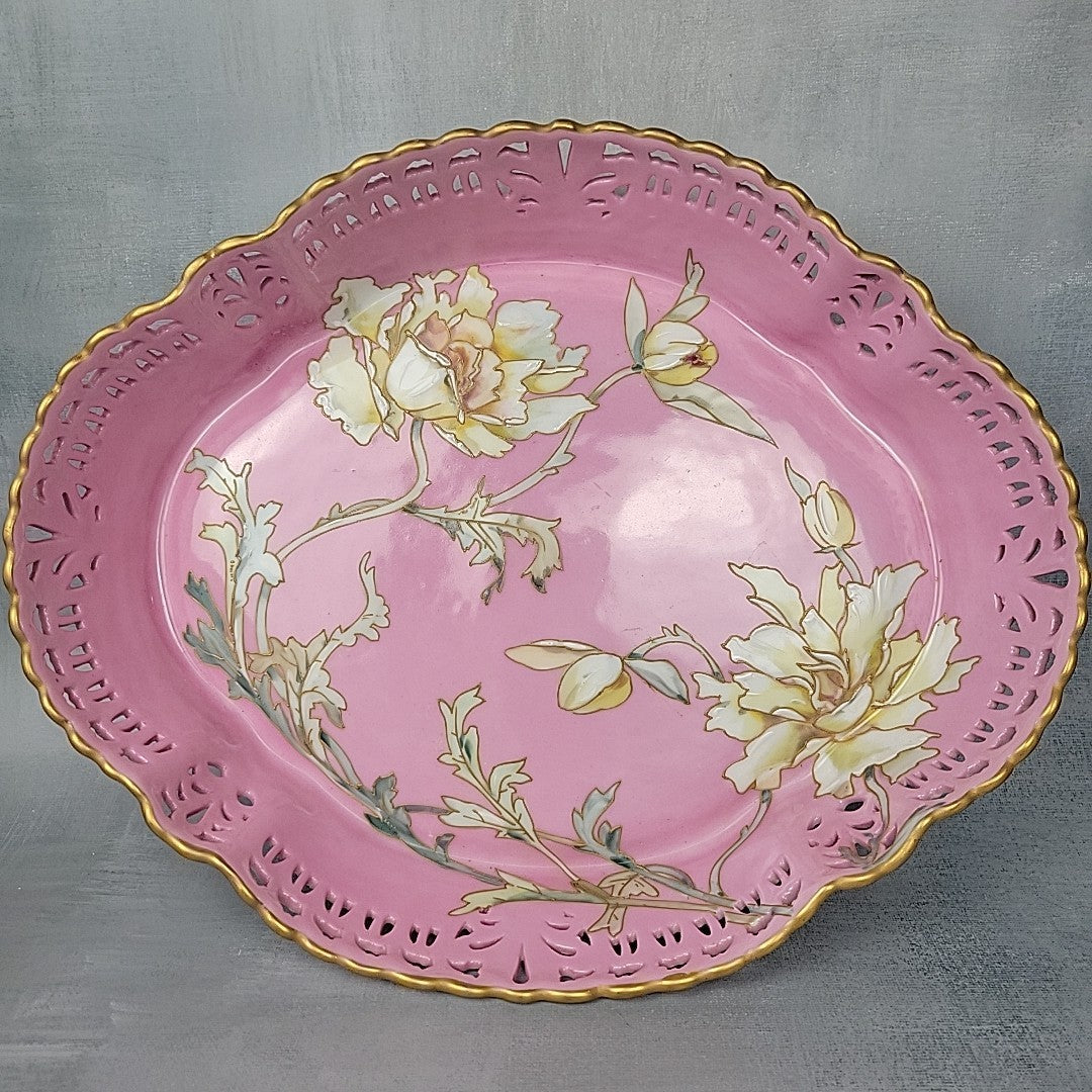 Limoges Pairpoint Reticulated Serving Tray Pink Raised Enamel & Gilt0