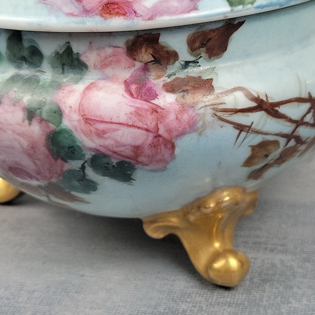 Antique GDA Limoges Footed Powder Jar Roses Gilt Handles Vanity Box c190018