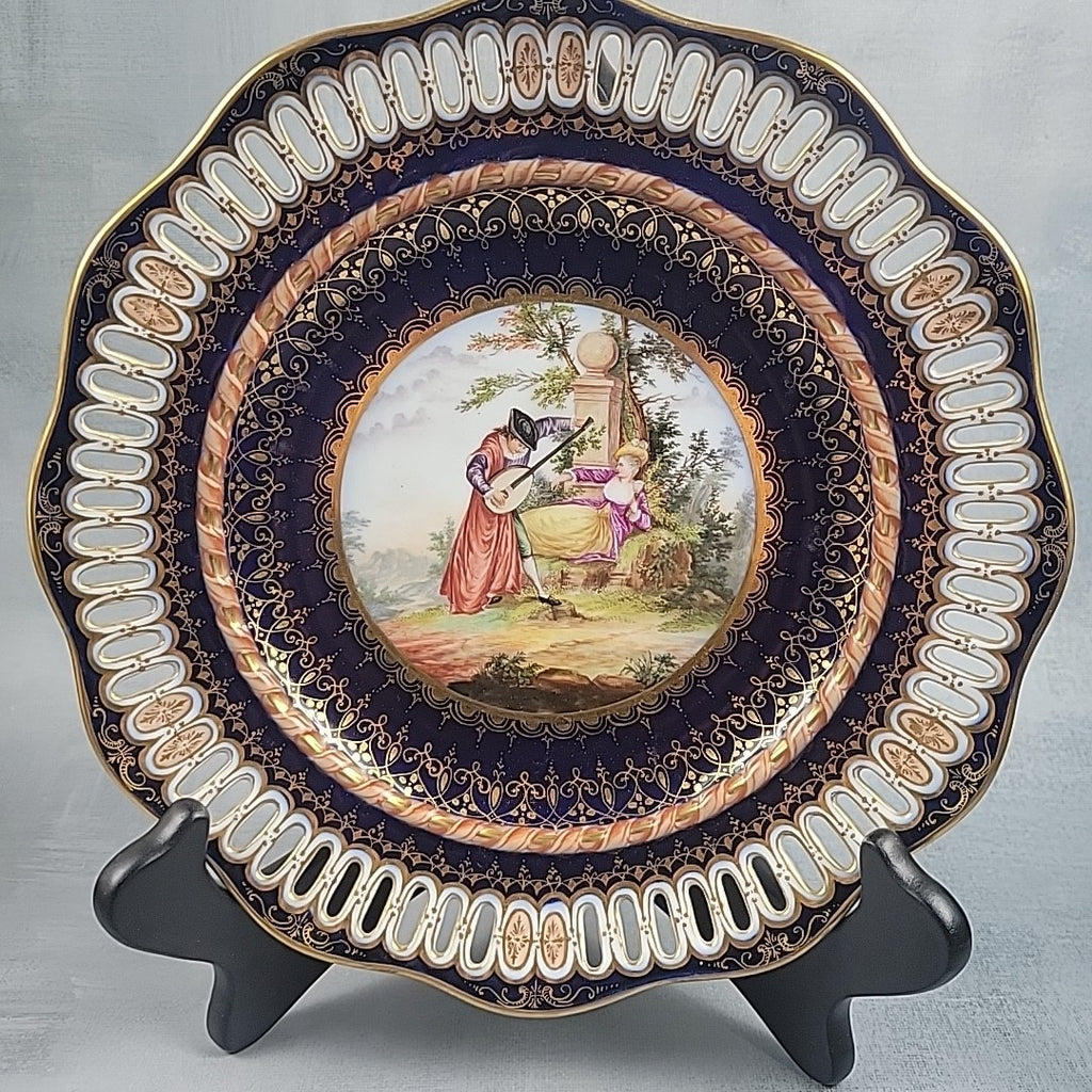 Antique Dresden Hand Painted Watteau Scene Cobalt Gold Pierced Plate 9.5”16