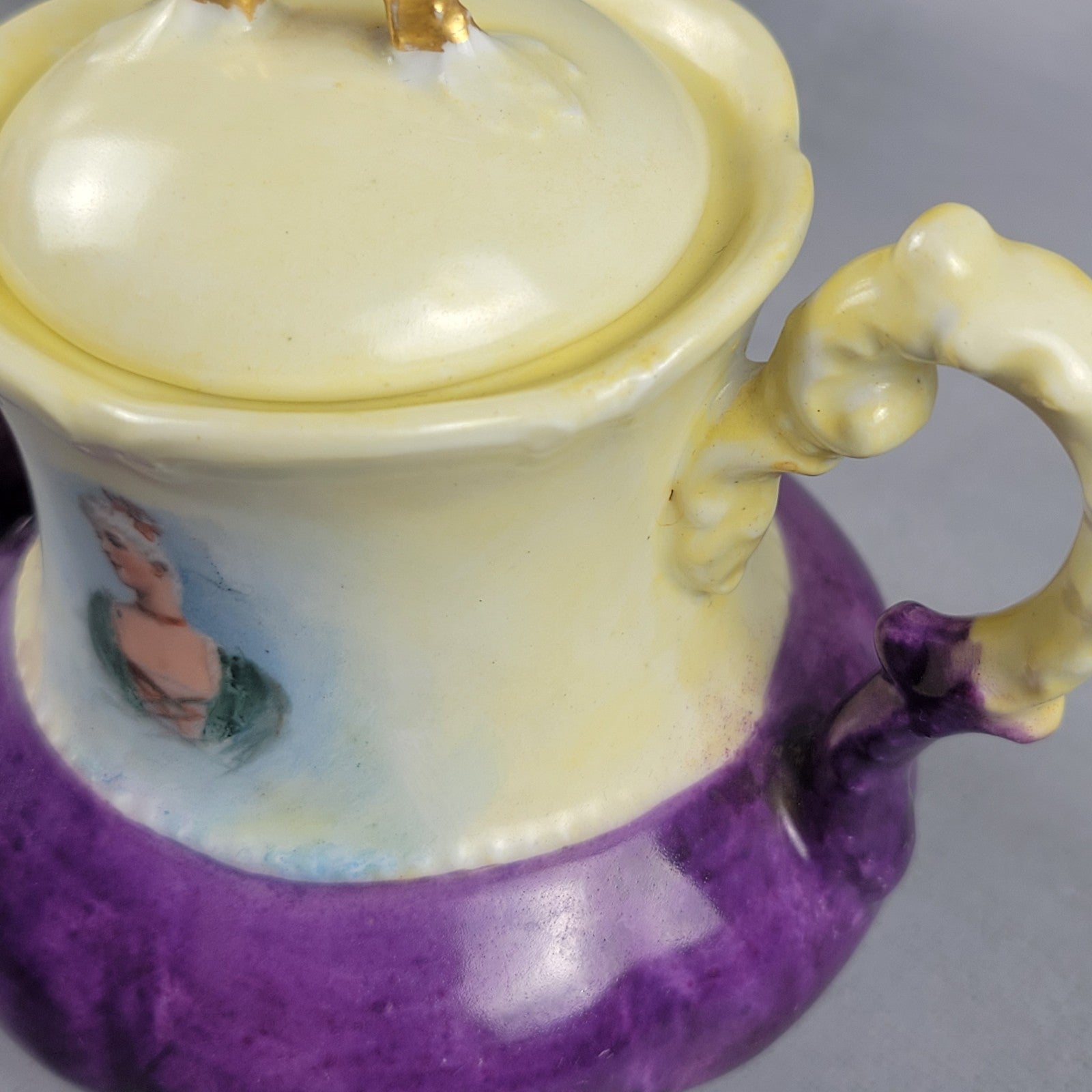 Antique Limoges NVC Portrait Sugar Bowl Jonquil Yellow & Purple Art Nouveau13