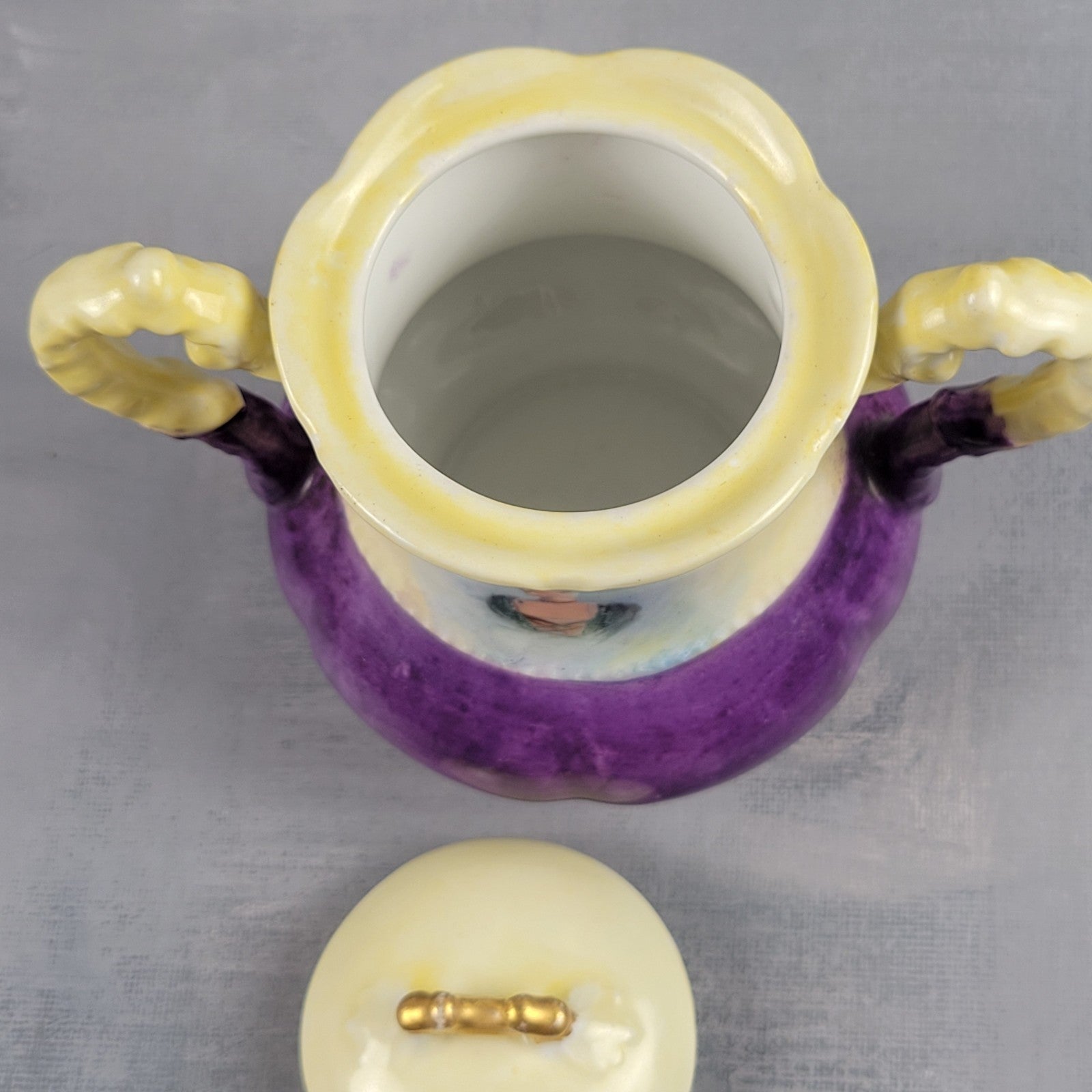 Antique Limoges NVC Portrait Sugar Bowl Jonquil Yellow & Purple Art Nouveau18