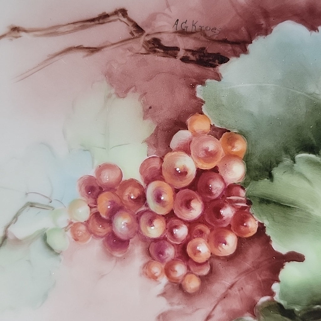 Antique JPL Limoges Hand Painted 8.5" Grapes Plate Signed A.G. Kroes Gold Trim8