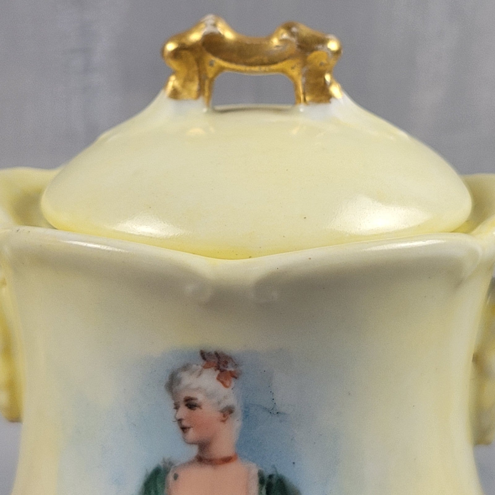 Antique Limoges NVC Portrait Sugar Bowl Jonquil Yellow & Purple Art Nouveau6