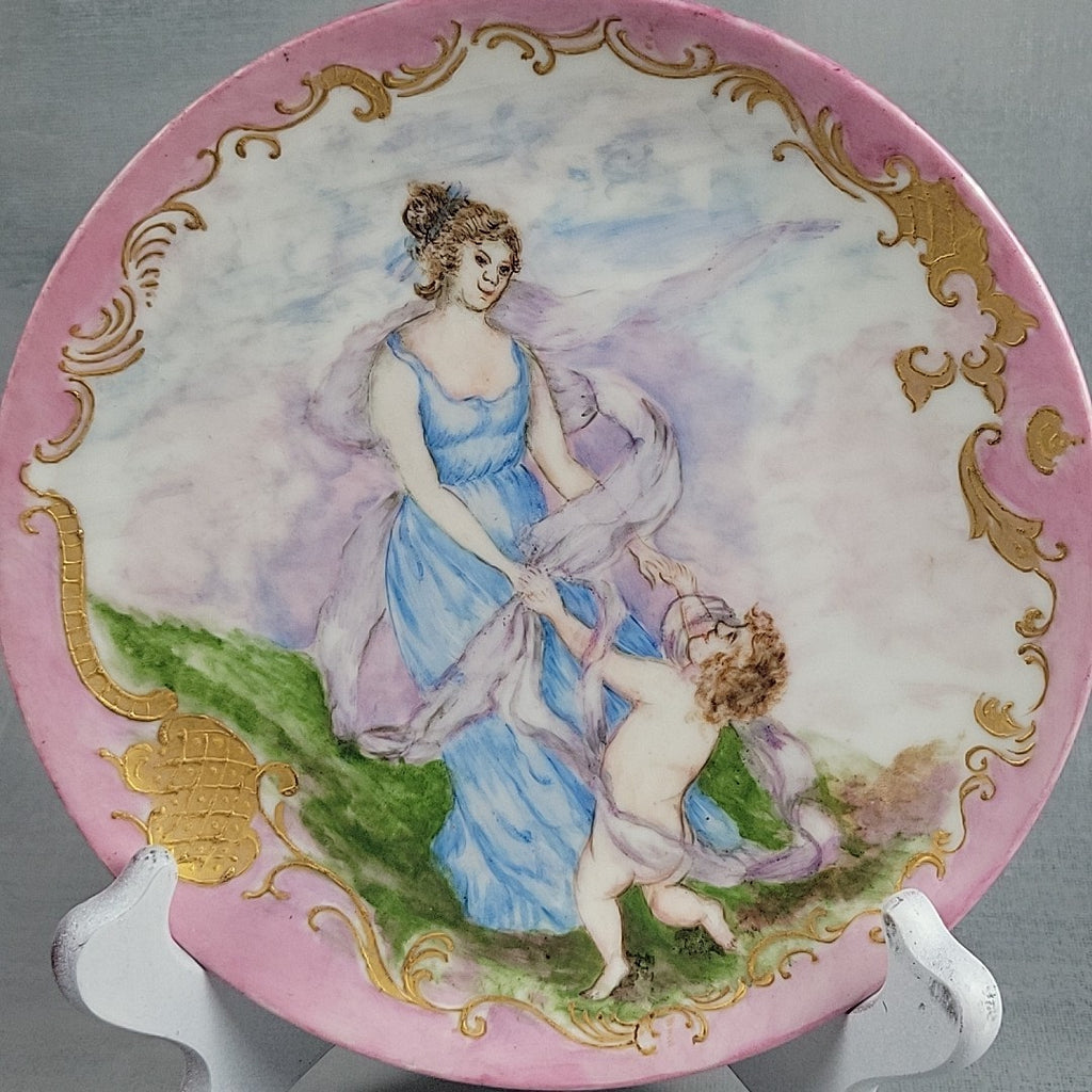 Antique Limoges GDM Hand Painted Portrait Plate Putti Cherub Gold Pink c18916