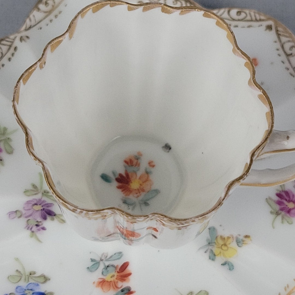 Antique Dresden Tea Cup & Saucer Hand Painted Floral Gilt Scalloped Mold10