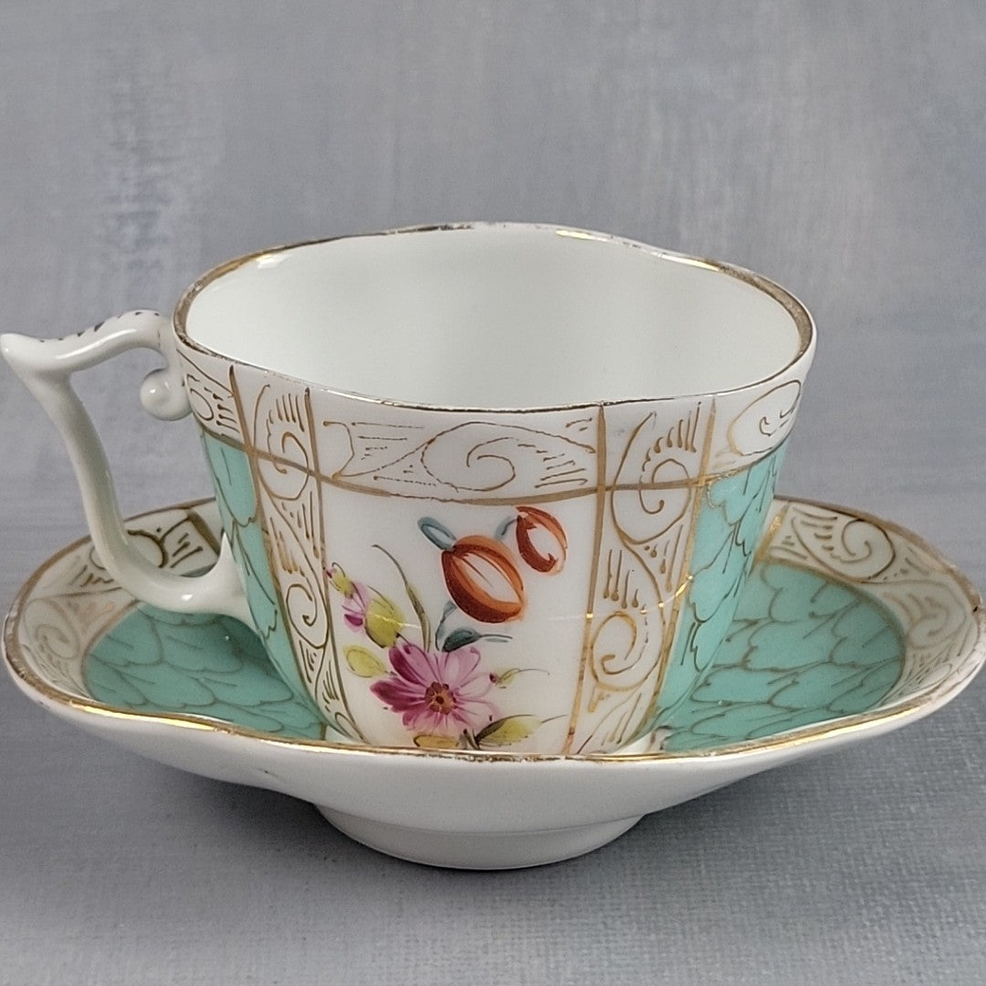 Meissen Quatrefoil Porcelain Cup & Saucer, Hand Painted Flowers Turquoise c19000