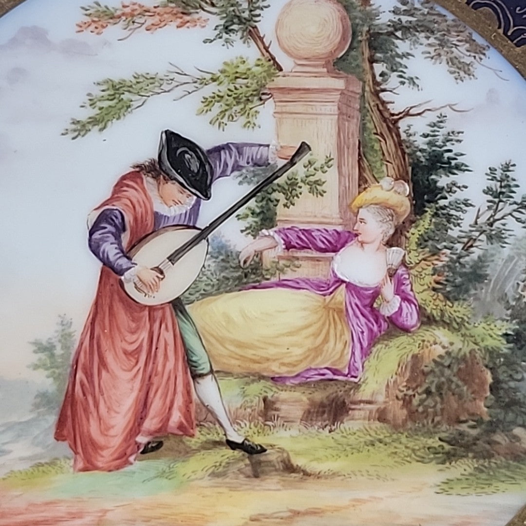 Antique Dresden Hand Painted Watteau Scene Cobalt Gold Pierced Plate 9.5”10