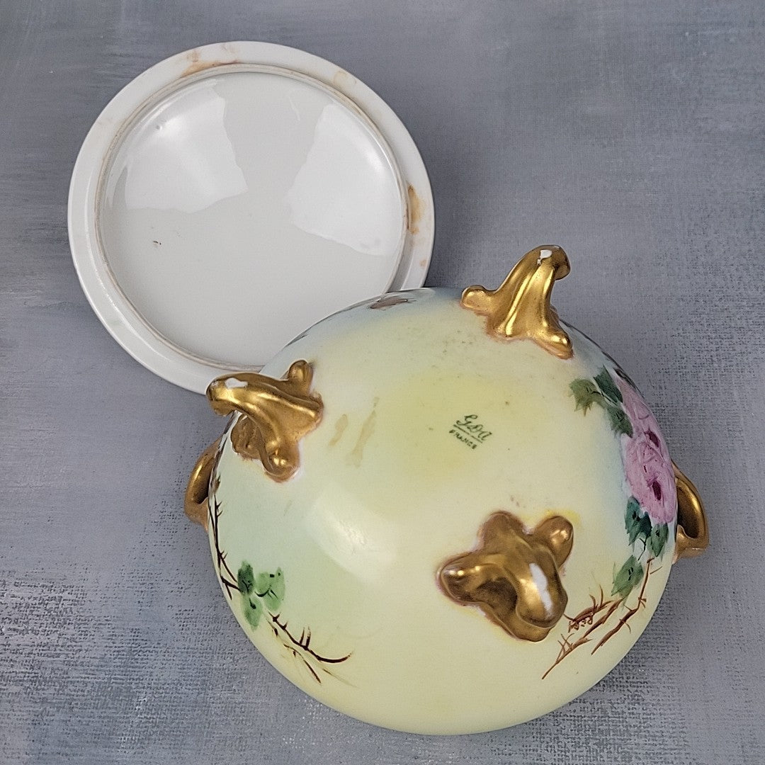 Antique GDA Limoges Footed Powder Jar Roses Gilt Handles Vanity Box c190022