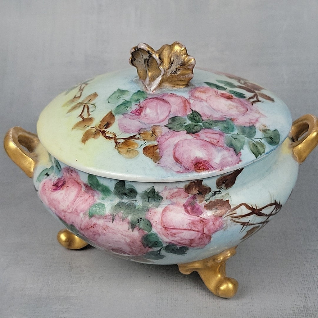 Antique GDA Limoges Footed Powder Jar Roses Gilt Handles Vanity Box c190012