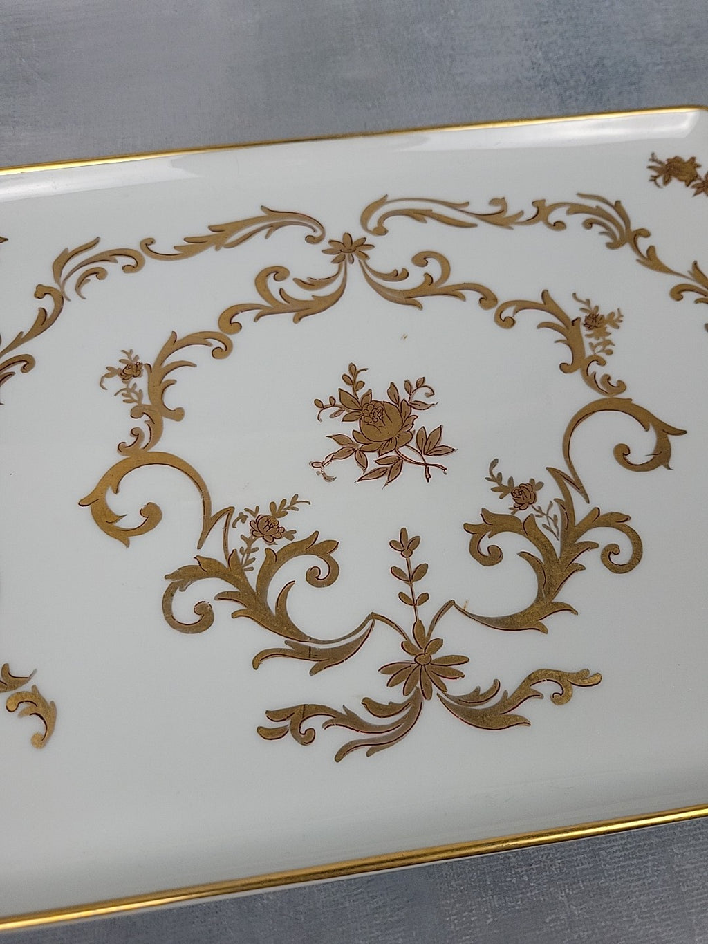 Limoges France Porcelain Vanity Tray White with Gold Gilt Floral Scroll1