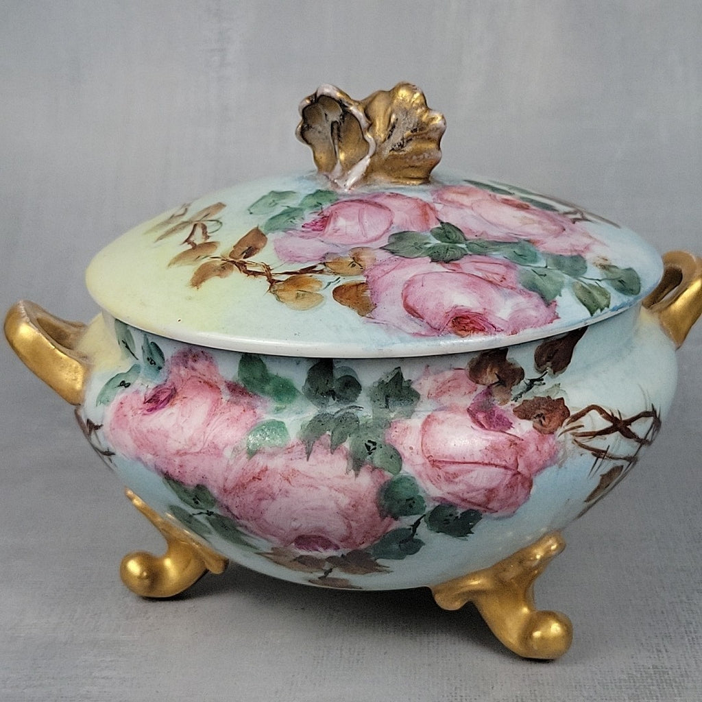 Antique GDA Limoges Footed Powder Jar Roses Gilt Handles Vanity Box c19008