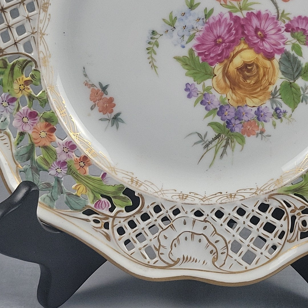 Carl Thieme Style Dresden Reticulated Plate Raised Enamel Floral Gold Trim 9"6