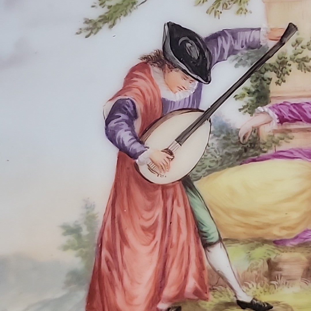 Antique Dresden Hand Painted Watteau Scene Cobalt Gold Pierced Plate 9.5”12