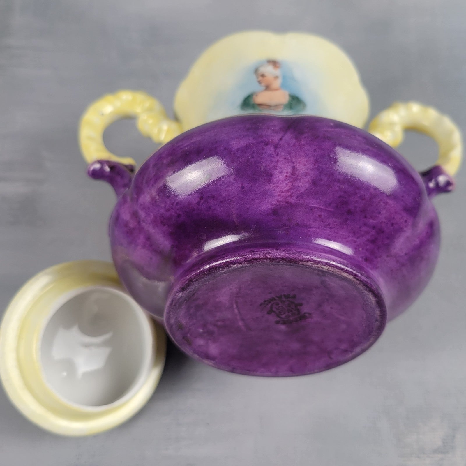Antique Limoges NVC Portrait Sugar Bowl Jonquil Yellow & Purple Art Nouveau20