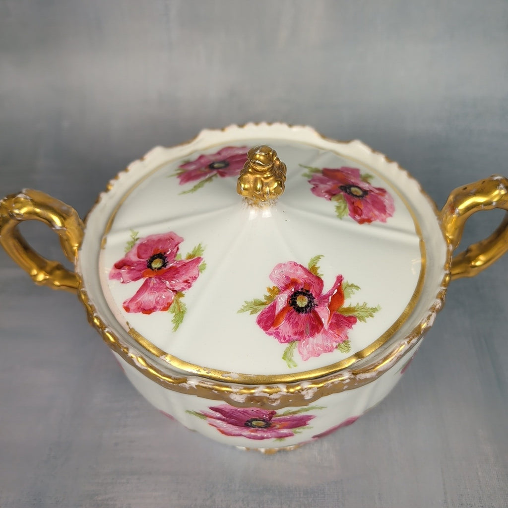 JP France Limoges Antique Poppies Porcelain Hand Painted Biscuit Cracker Jar 6