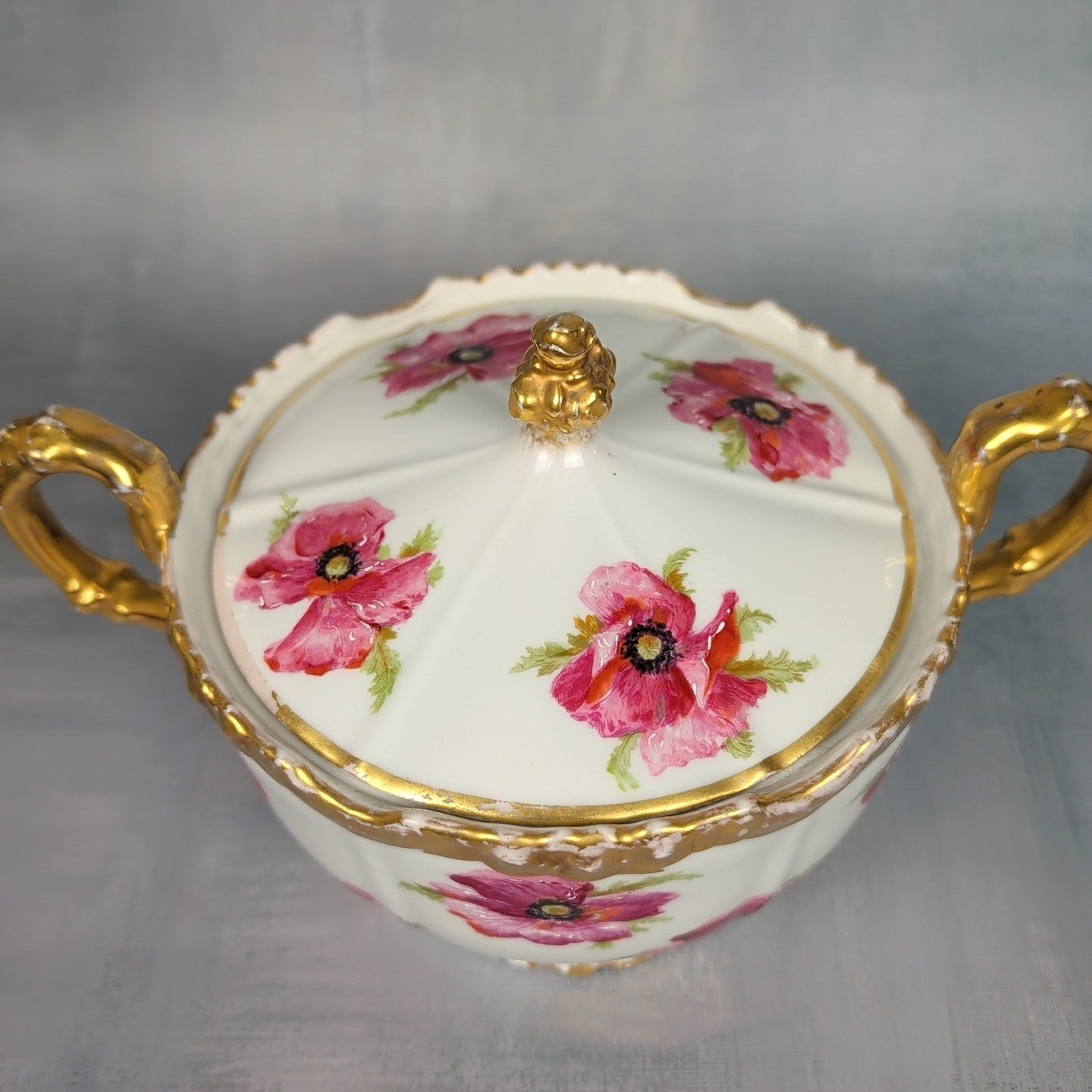 JP France Limoges Antique Poppies Porcelain Hand Painted Biscuit Cracker Jar 6