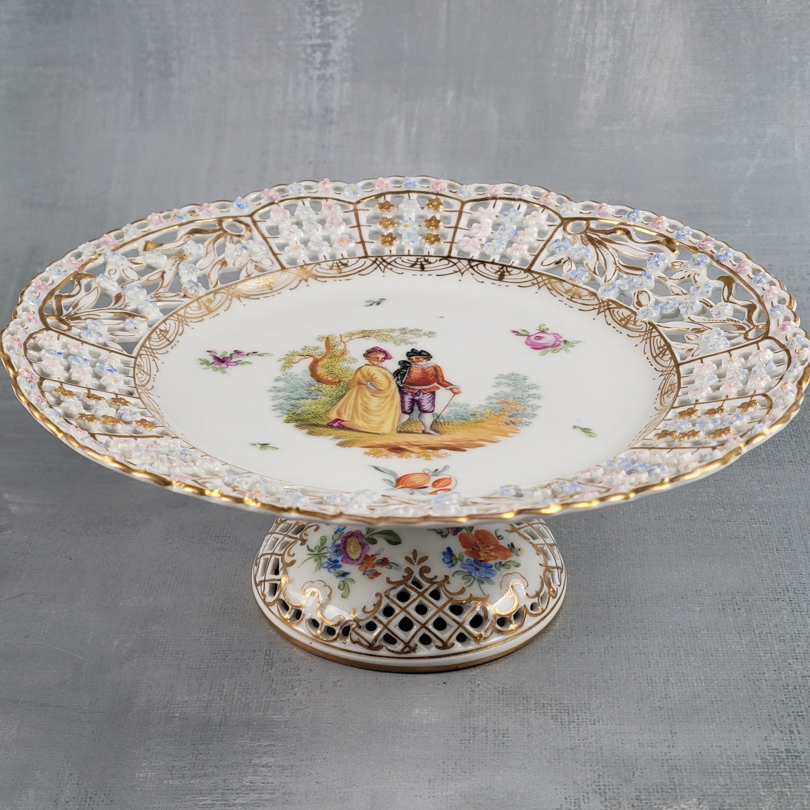 Carl Thieme Dresden Decorated Reticulated Compote Cake Stand Courting Couple 0