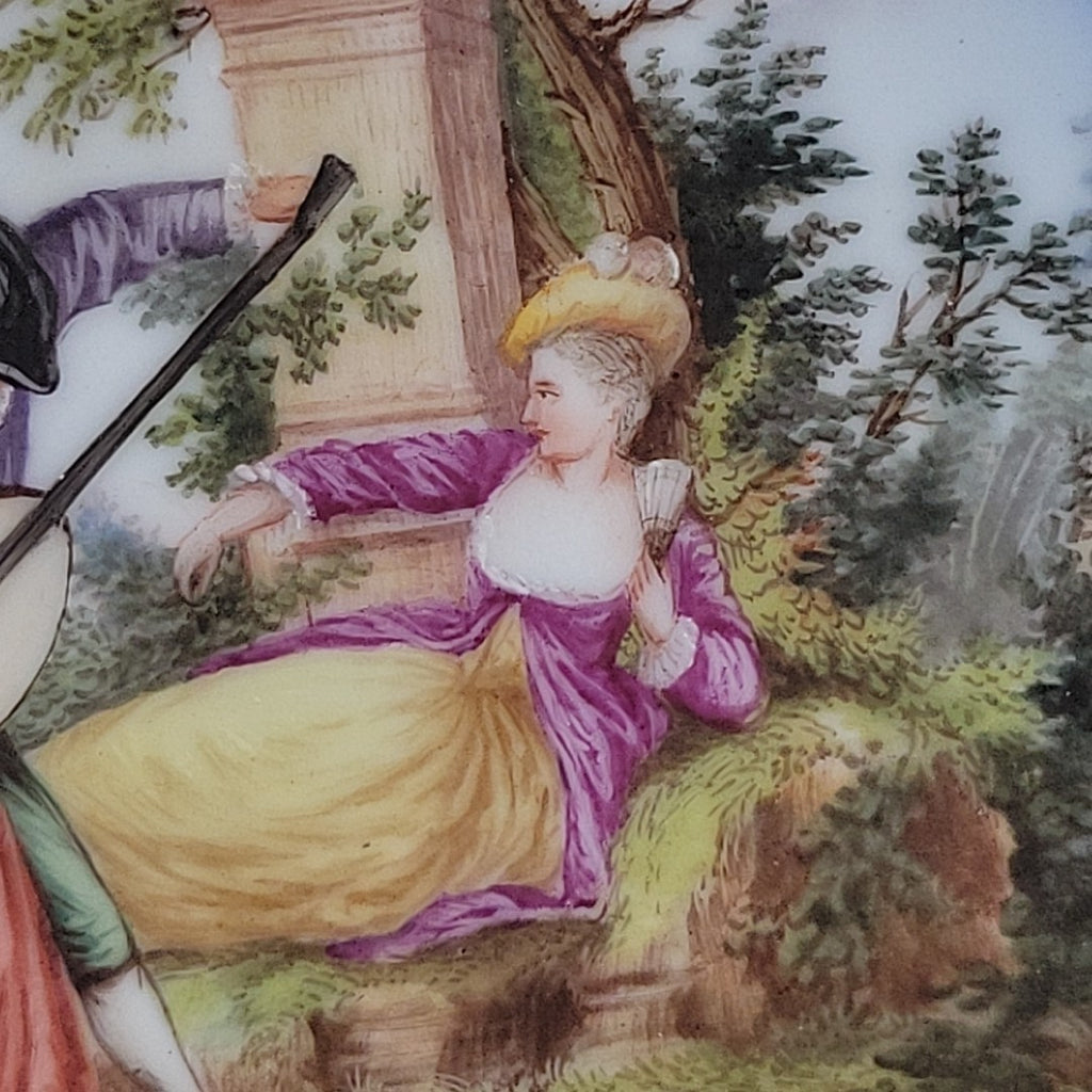 Antique Dresden Hand Painted Watteau Scene Cobalt Gold Pierced Plate 9.5”13