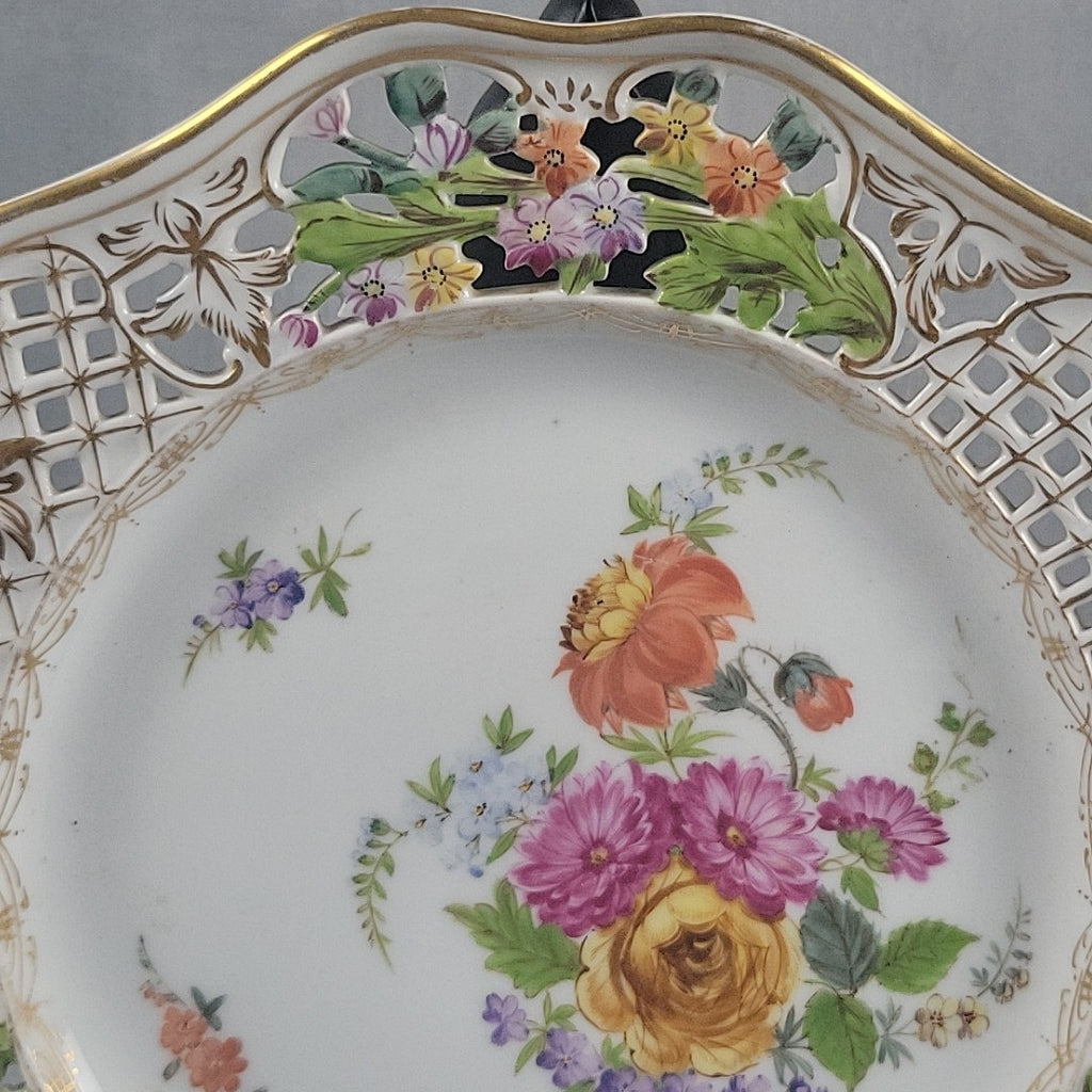 Carl Thieme Style Dresden Reticulated Plate Raised Enamel Floral Gold Trim 9"3