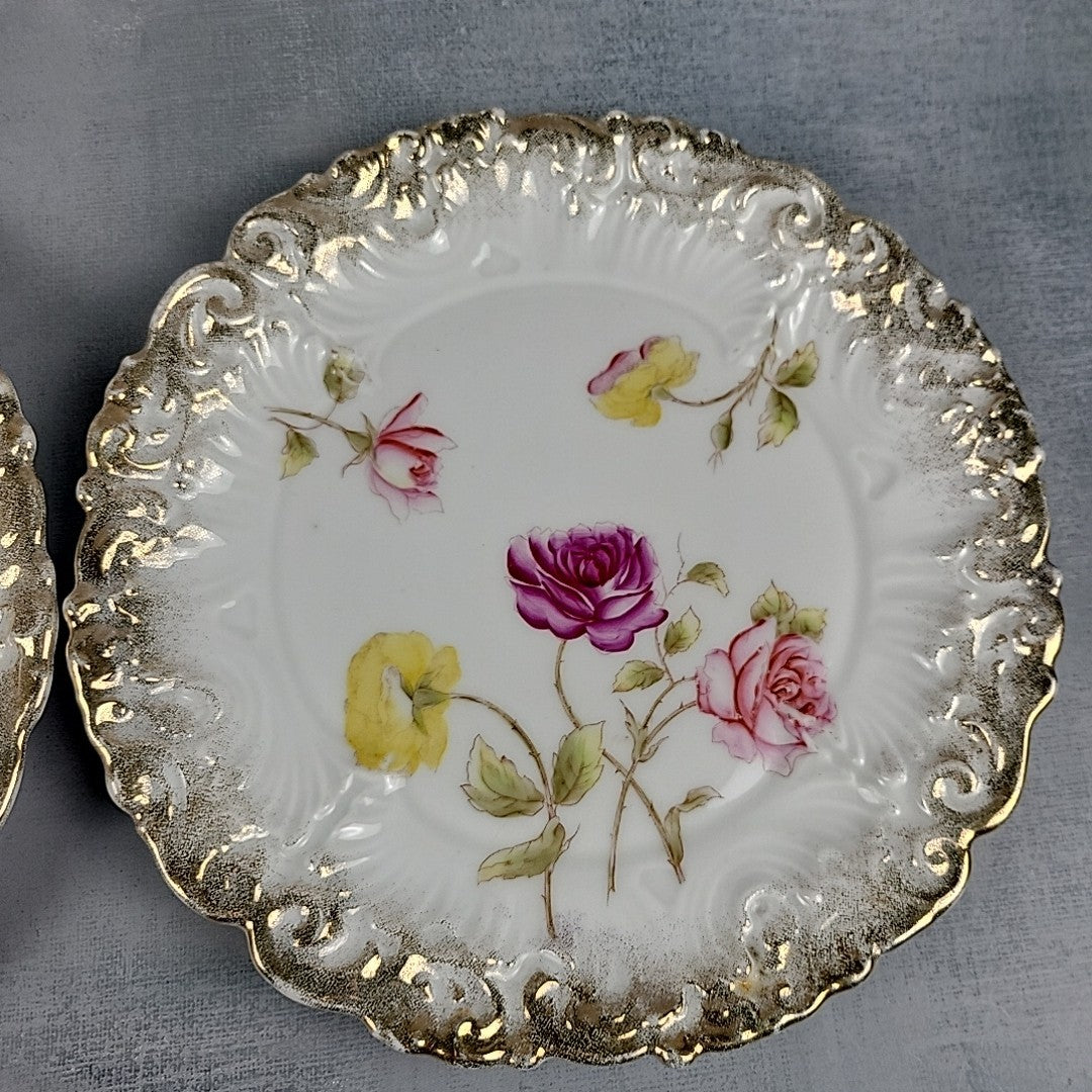 Antique Dresden Germany Hand Painted Rose Plates Gold Gilt Rococo Pair 8”2