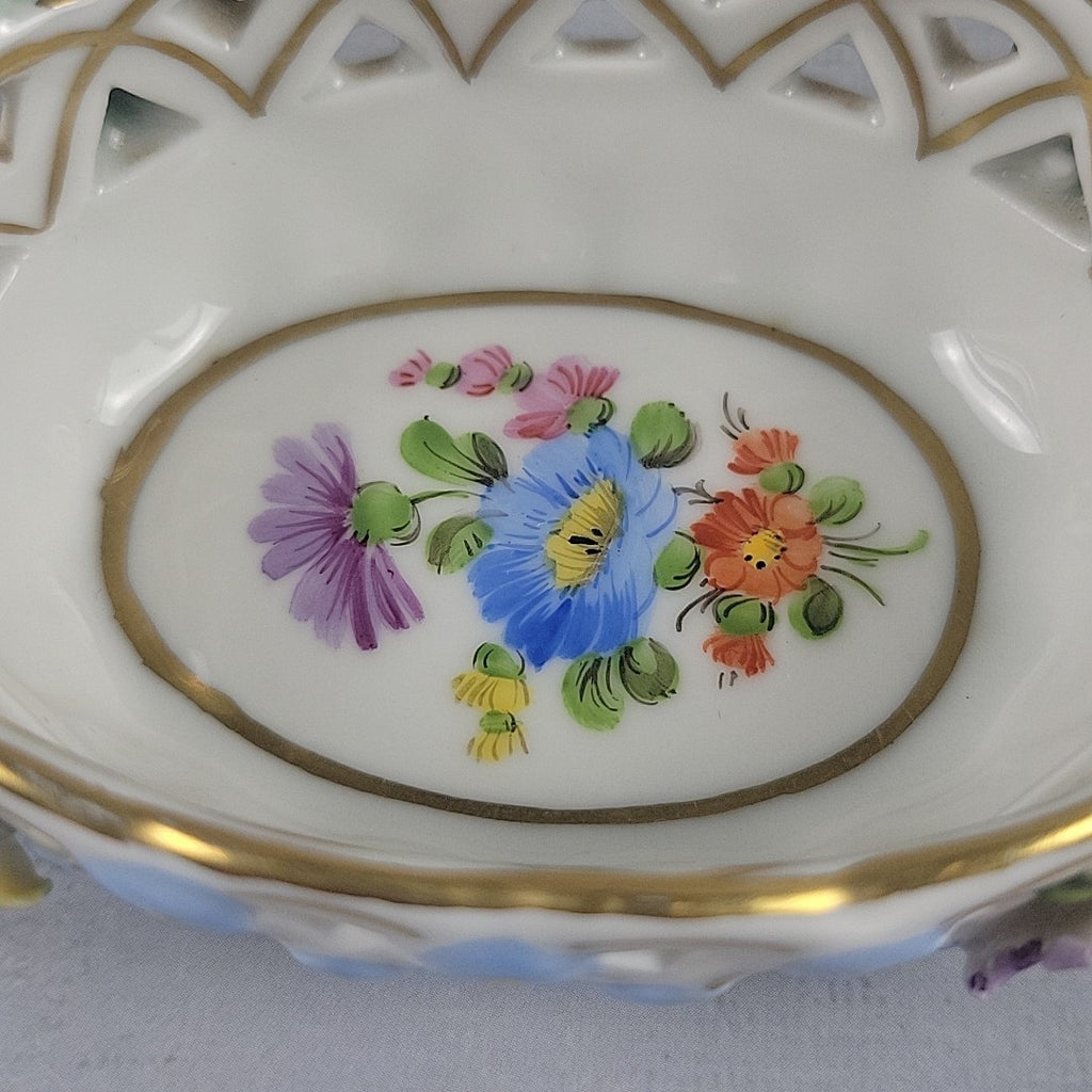 Dresden Germany Reticulated Porcelain Basket Forget Me Not Flowers & Vine Handle3