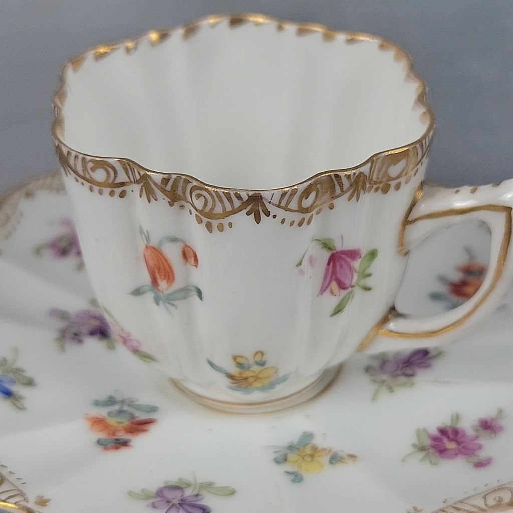 Antique Dresden Tea Cup & Saucer Hand Painted Floral Gilt Scalloped Mold1