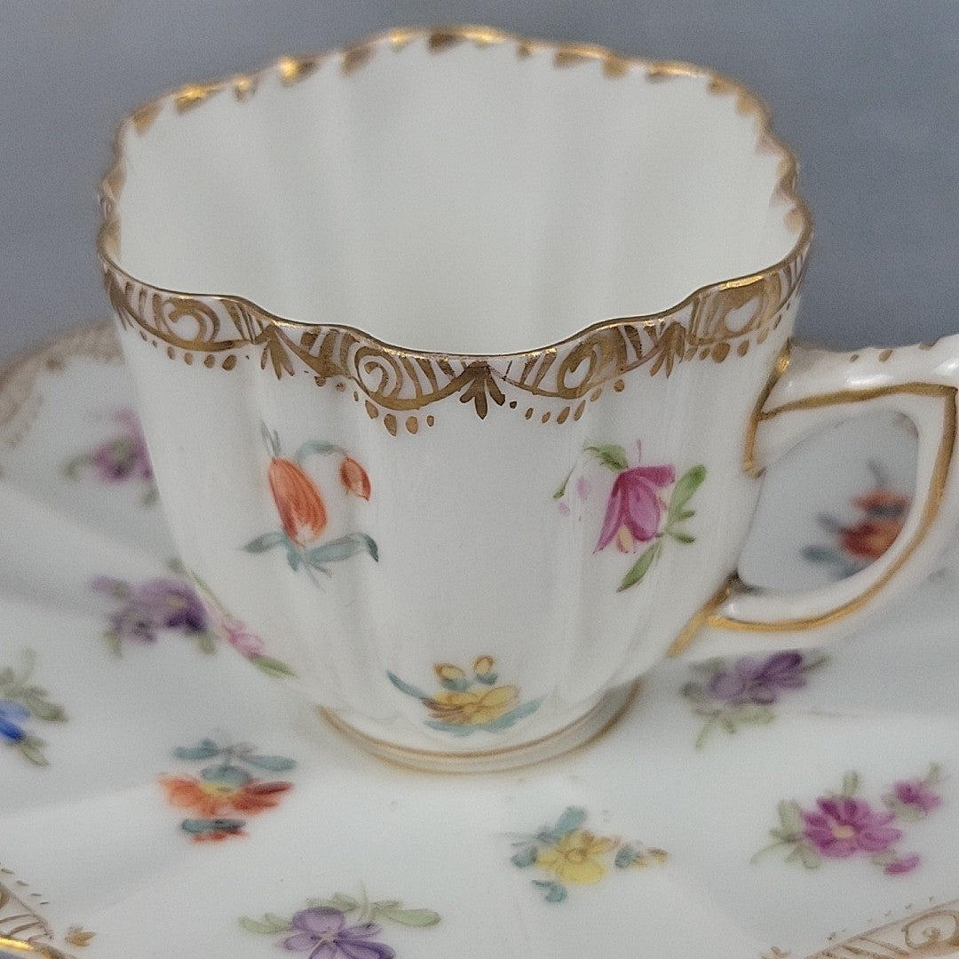 Antique Dresden Tea Cup & Saucer Hand Painted Floral Gilt Scalloped Mold1
