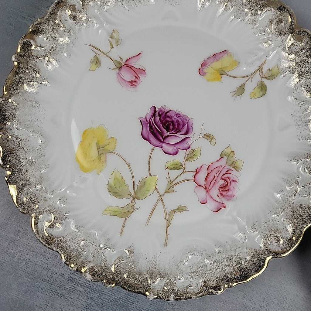 Antique Dresden Germany Hand Painted Rose Plates Gold Gilt Rococo Pair 8”13