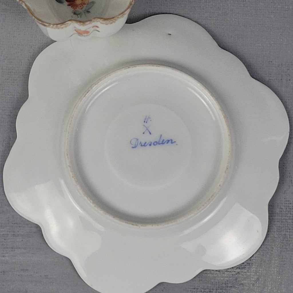 Antique Dresden Tea Cup & Saucer Hand Painted Floral Gilt Scalloped Mold12