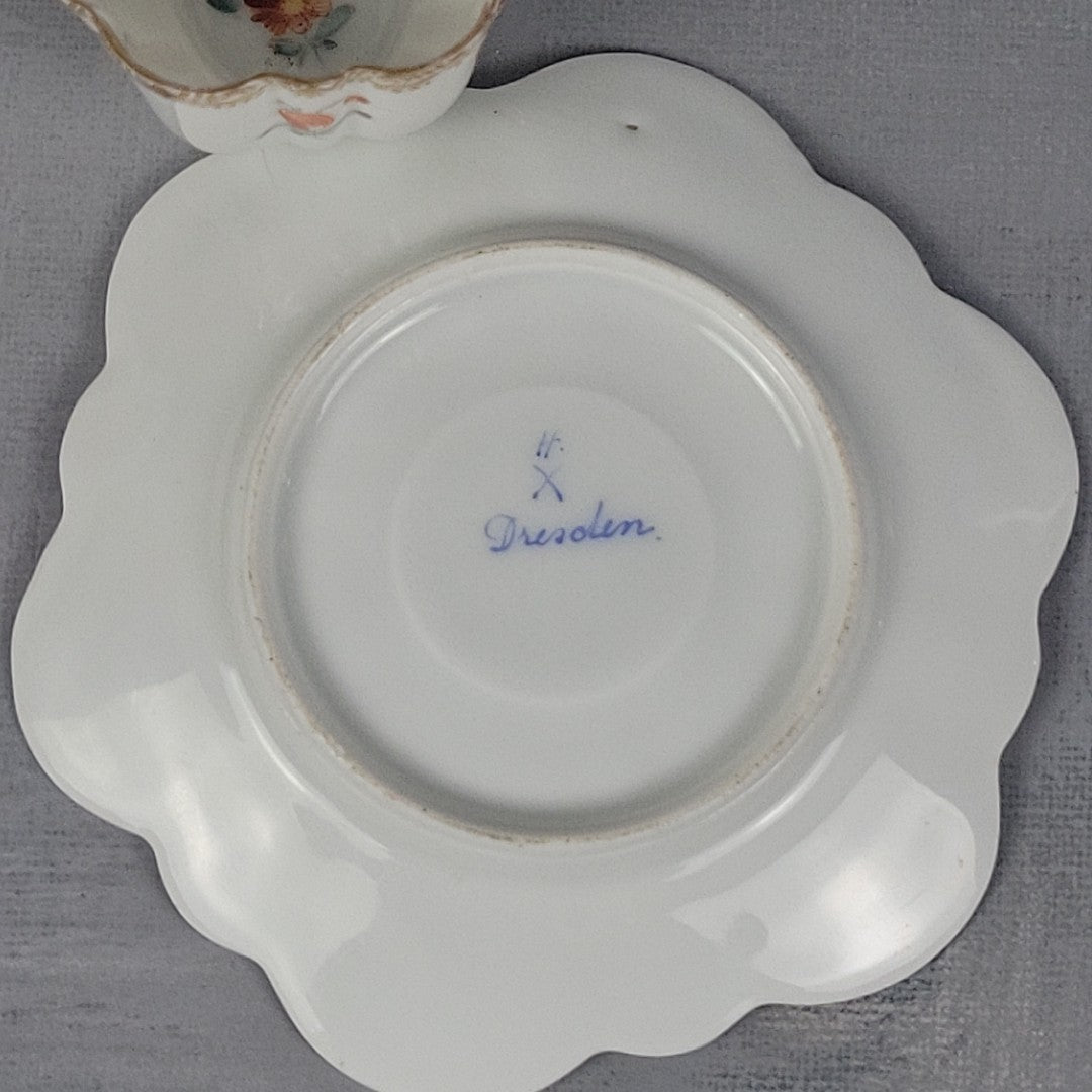 Antique Dresden Tea Cup & Saucer Hand Painted Floral Gilt Scalloped Mold12